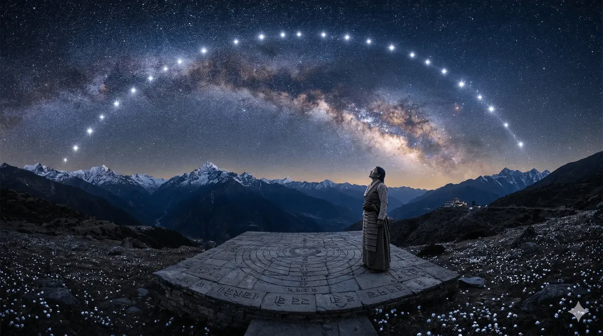 An illustration of the 27 Nakshatras arranged in a circular wheel around the Moon, with each lunar mansion marked by its symbol against a deep night sky