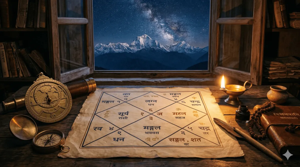 A traditional Vedic birth chart (Kundali) with planetary symbols and zodiac signs illustrated on aged parchment