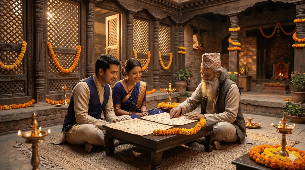 Two Vedic birth charts placed side by side with golden threads connecting matching elements, symbolizing marriage compatibility