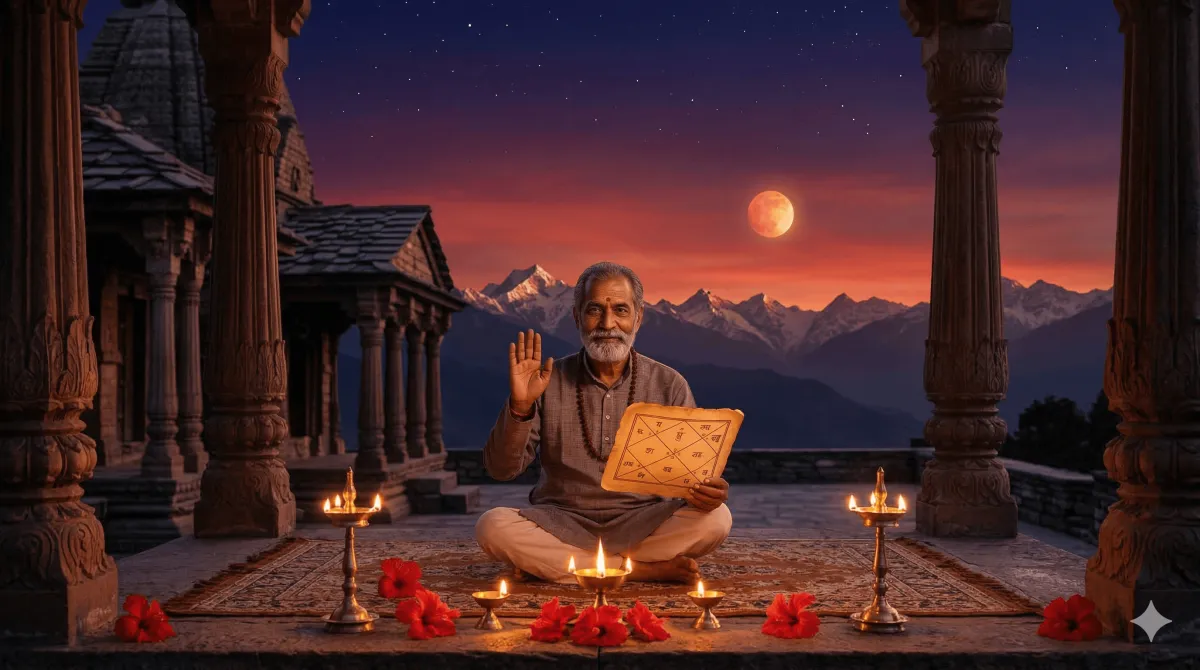 The planet Mars glowing red above a traditional Vedic Kundali chart with sacred geometric patterns and Himalayan landscape in the background