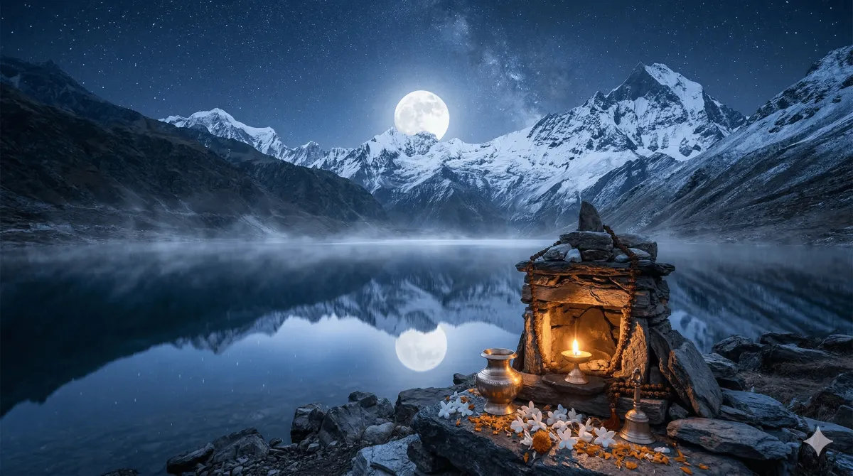 A luminous full moon rising over the Himalayan mountains with the twelve Vedic zodiac signs softly glowing in the night sky