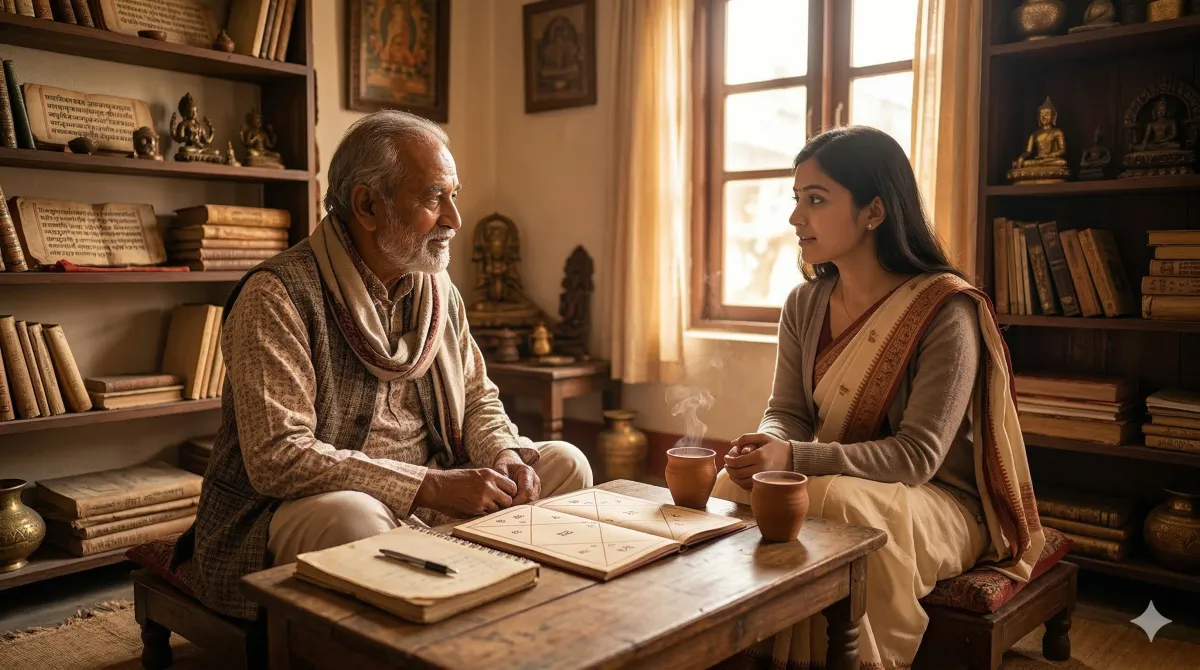 A person sitting across from a Vedic astrologer with a birth chart between them, warm golden candlelight illuminating the consultation