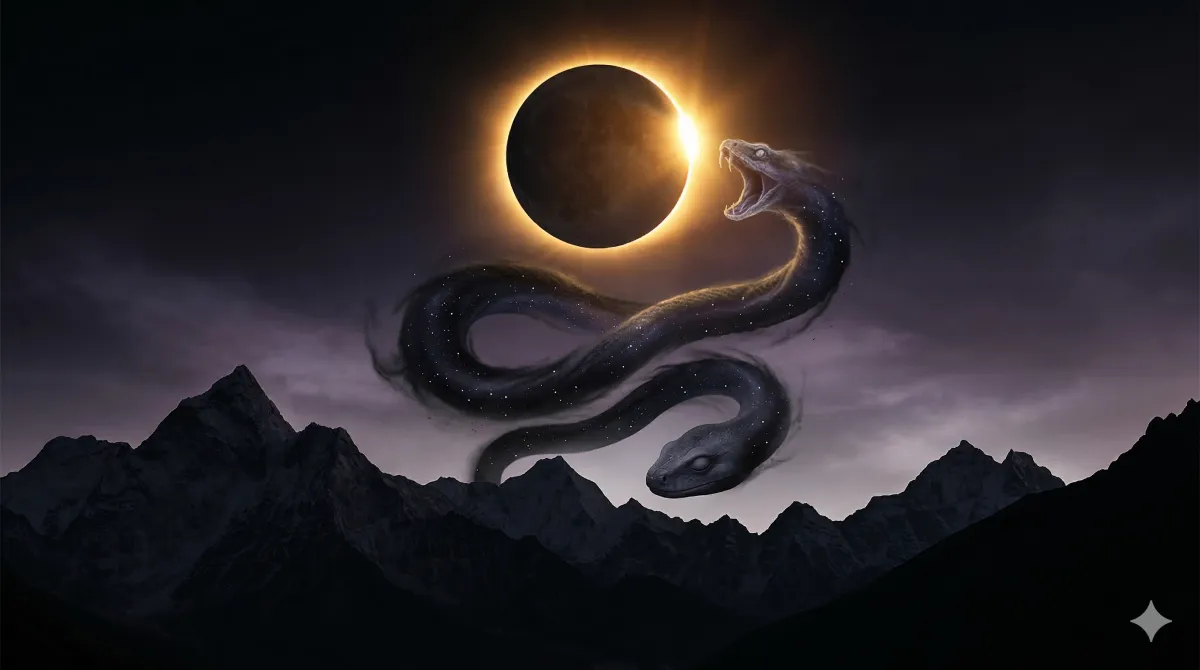 An artistic depiction of Rahu and Ketu as the shadow serpent nodes against a cosmic background with eclipsed Sun and Moon