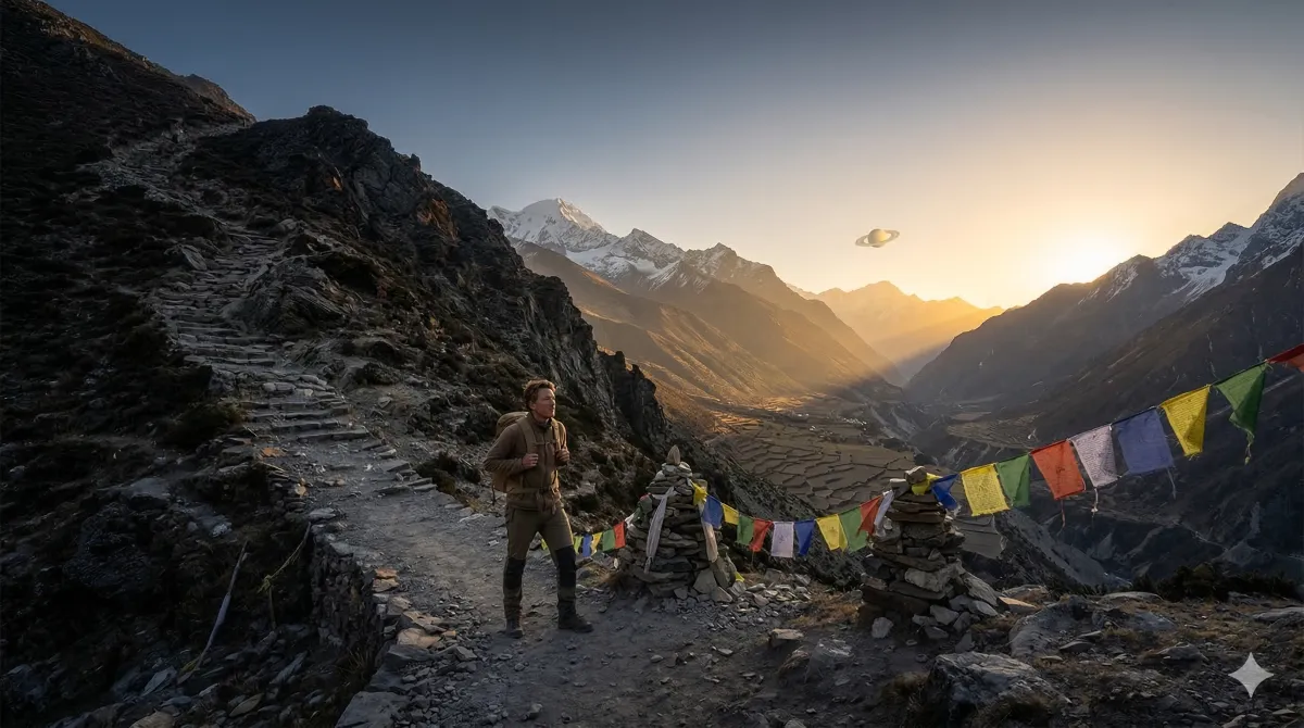 An artistic depiction of Saturn with its rings surrounded by Vedic astrological symbols against a deep cosmic background