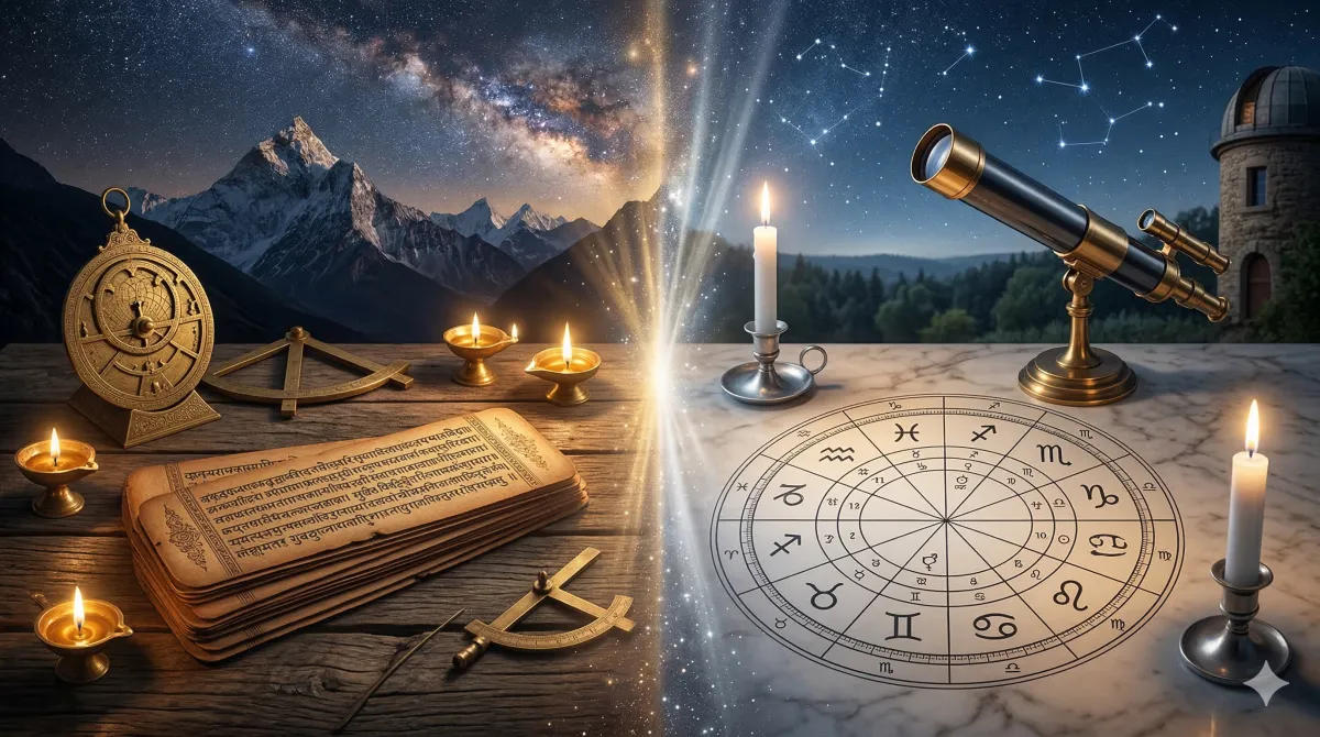 A split illustration comparing a Vedic sidereal zodiac wheel with actual star constellations and a Western tropical zodiac wheel aligned to the seasons